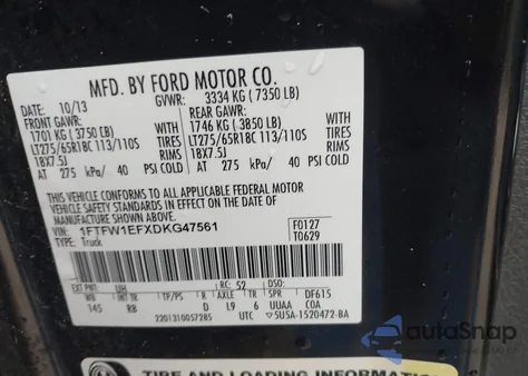 2013 Ford F-150 Fx4 z USA, uszkodzony, nr VIN 1FTFW1EFXDKG47561